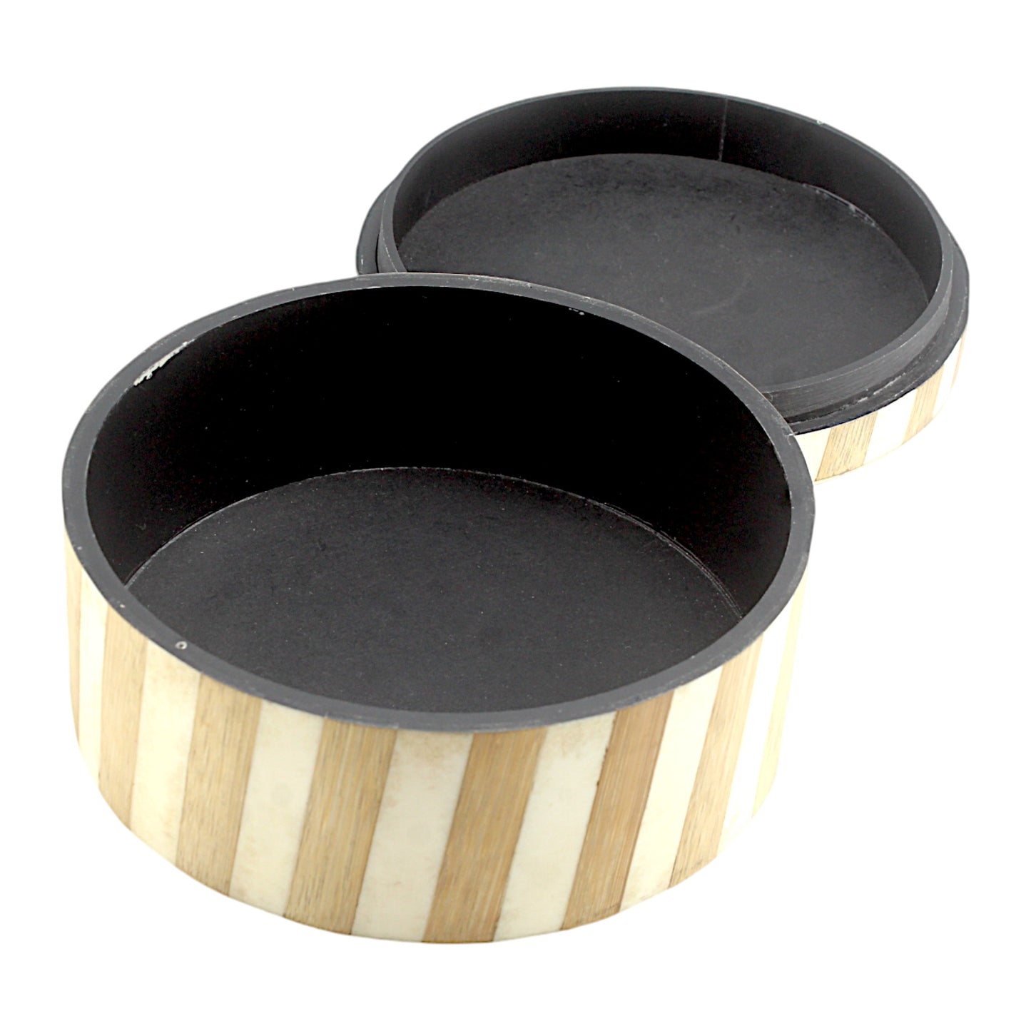 Handcrafted Round Wood and Bone Inlay Striped Trinket Box - Elegant Storage for Treasures
