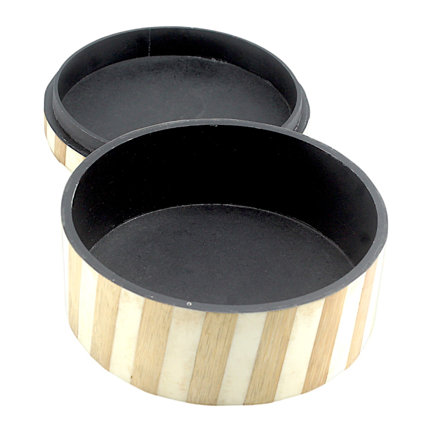 Handcrafted Round Wood and Bone Inlay Striped Trinket Box - Elegant Storage for Treasures