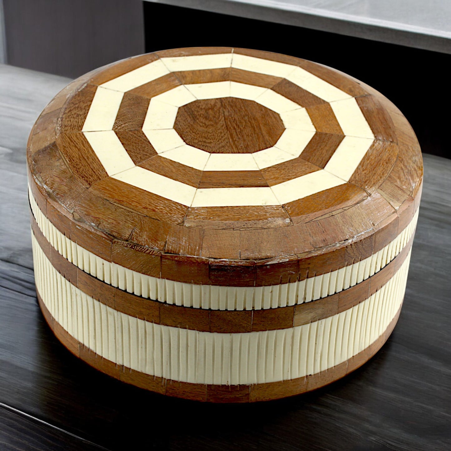 Handcrafted Round Wood and Bone Inlay Trinket Box - Elegant Storage Solution for Jewelry and Keepsakes
