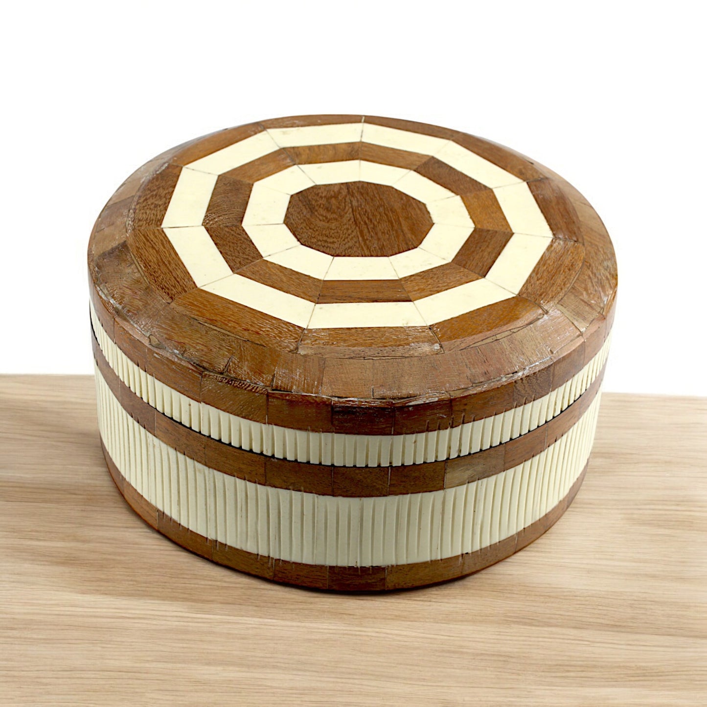 Handcrafted Round Wood and Bone Inlay Trinket Box - Elegant Storage Solution for Jewelry and Keepsakes