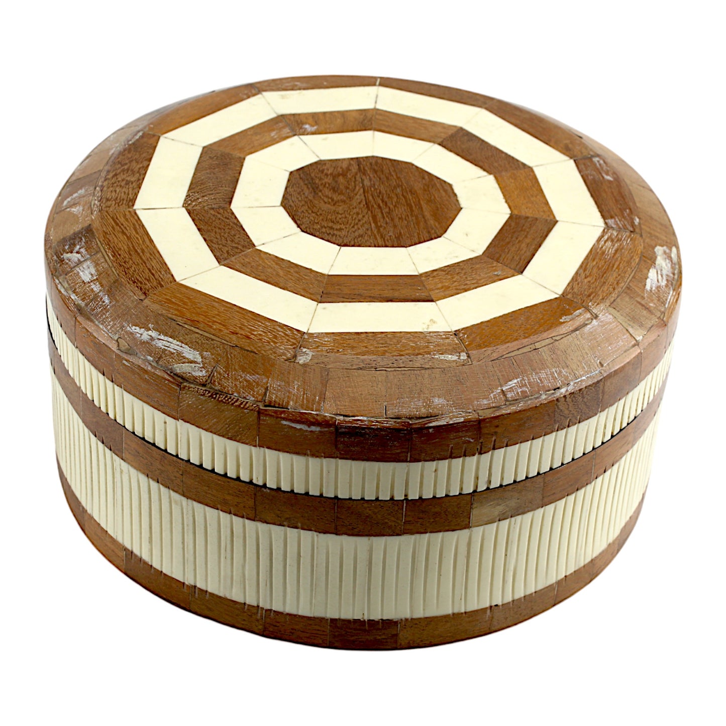 Handcrafted Round Wood and Bone Inlay Trinket Box - Elegant Storage Solution for Jewelry and Keepsakes
