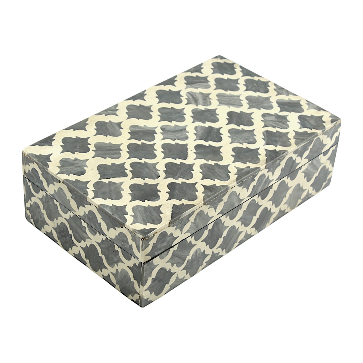 Grey and White Cross Design Bone Inlay Handcrafted Trinket Box - Stylish Storage for Treasures