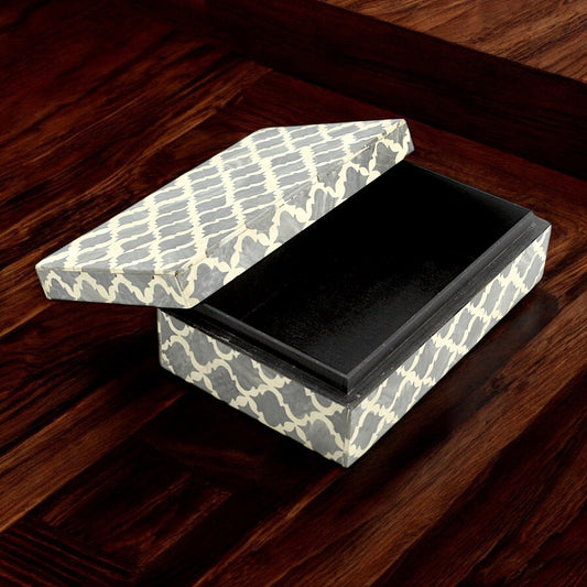 Grey and White Cross Design Bone Inlay Handcrafted Trinket Box - Stylish Storage for Treasures