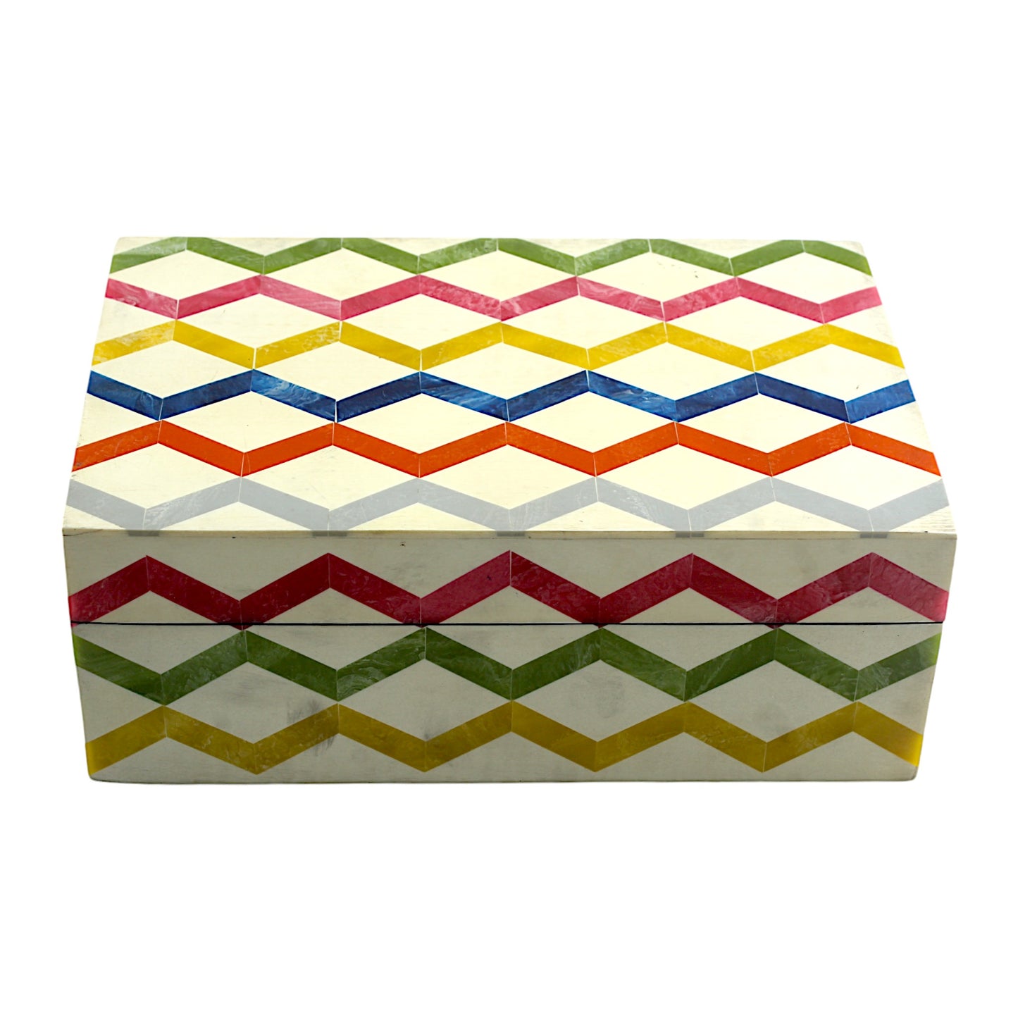 Multicolor Zigzag Design Handcrafted Trinket Box with White Base - Stylish Storage Solution