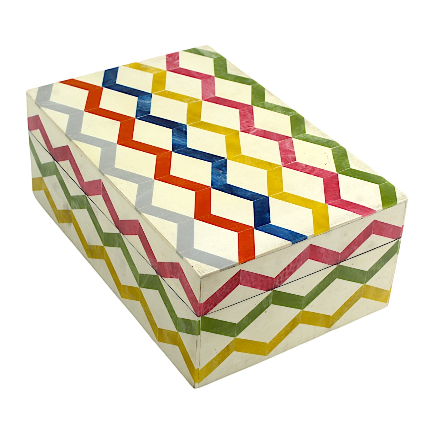 Multicolor Zigzag Design Handcrafted Trinket Box with White Base - Stylish Storage Solution