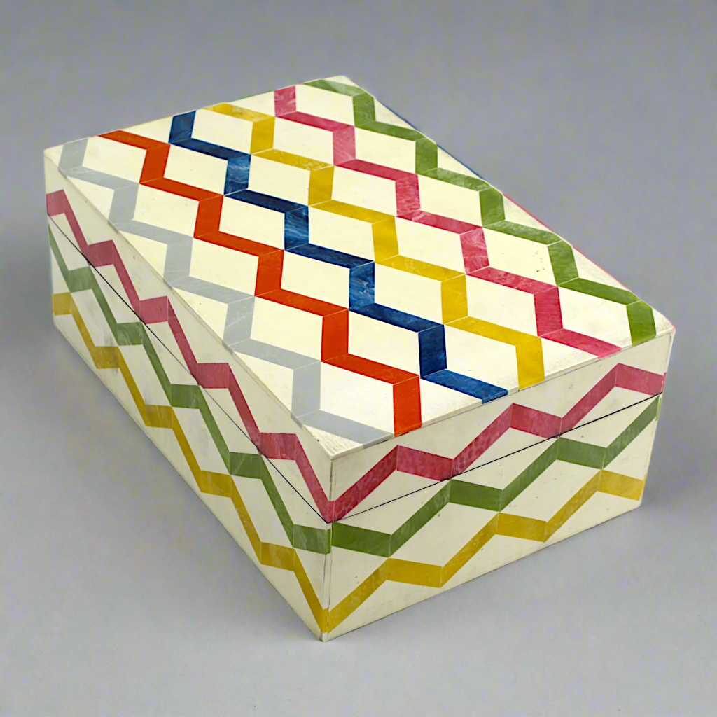 Multicolor Zigzag Design Handcrafted Trinket Box with White Base - Stylish Storage Solution