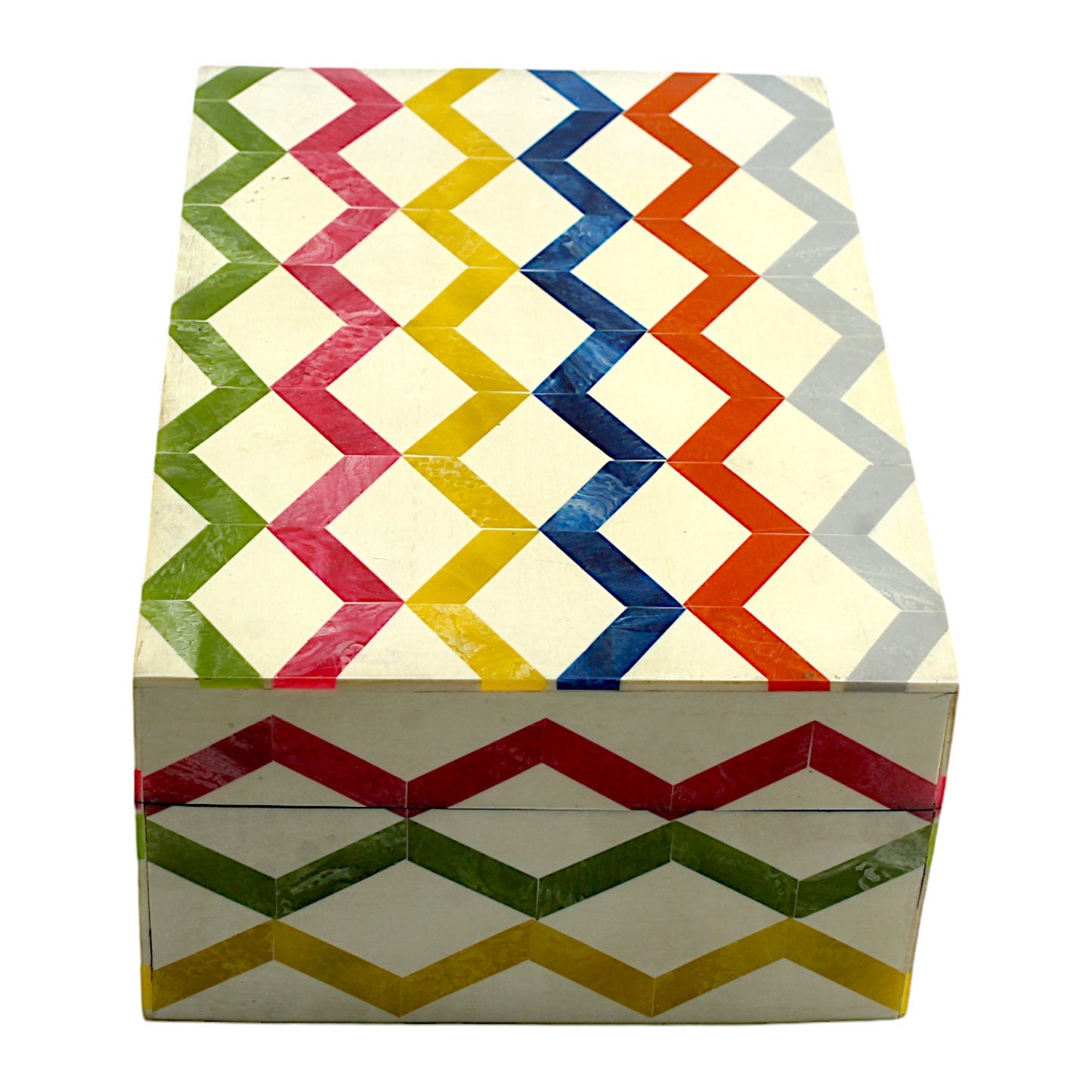 Multicolor Zigzag Design Handcrafted Trinket Box with White Base - Stylish Storage Solution