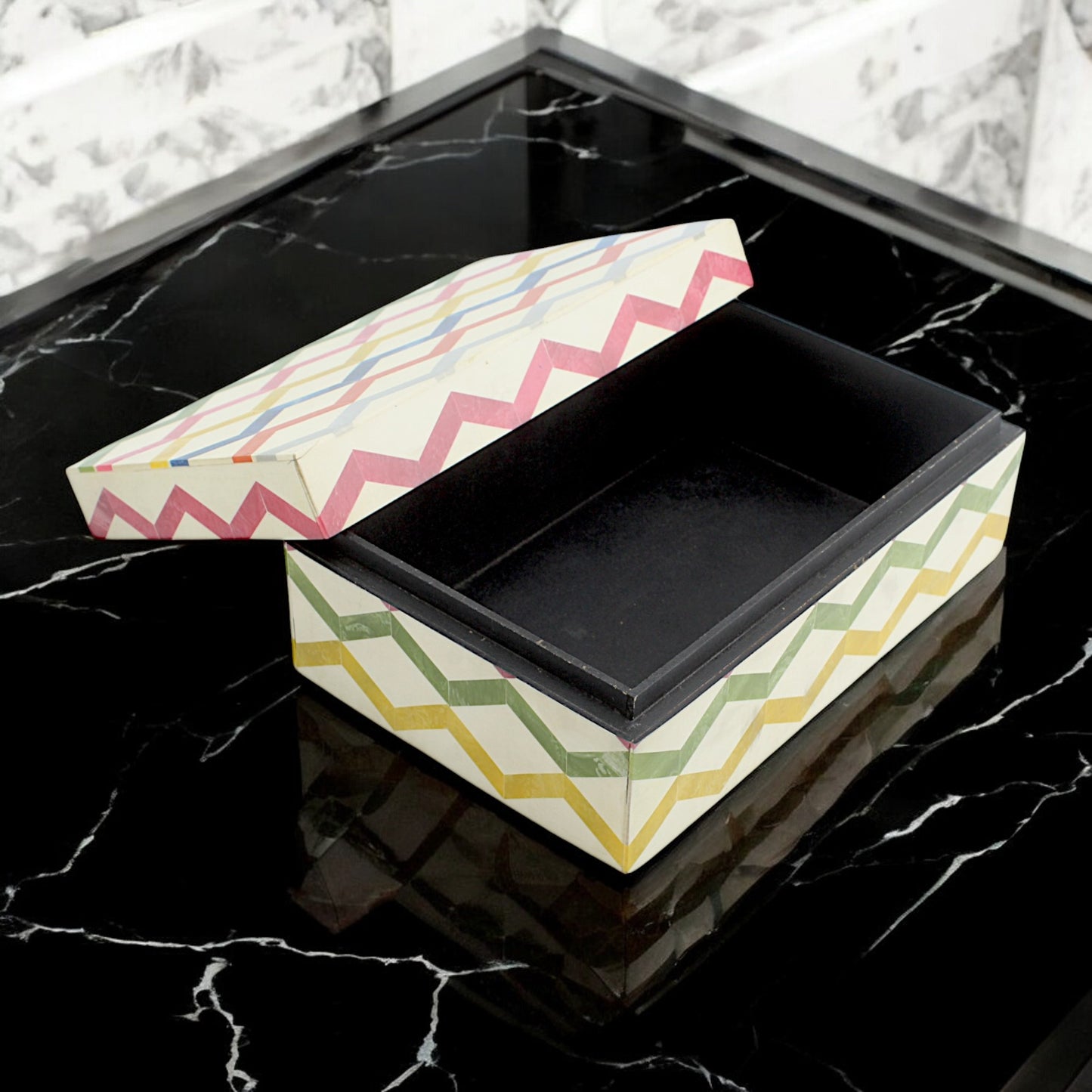 Multicolor Zigzag Design Handcrafted Trinket Box with White Base - Stylish Storage Solution
