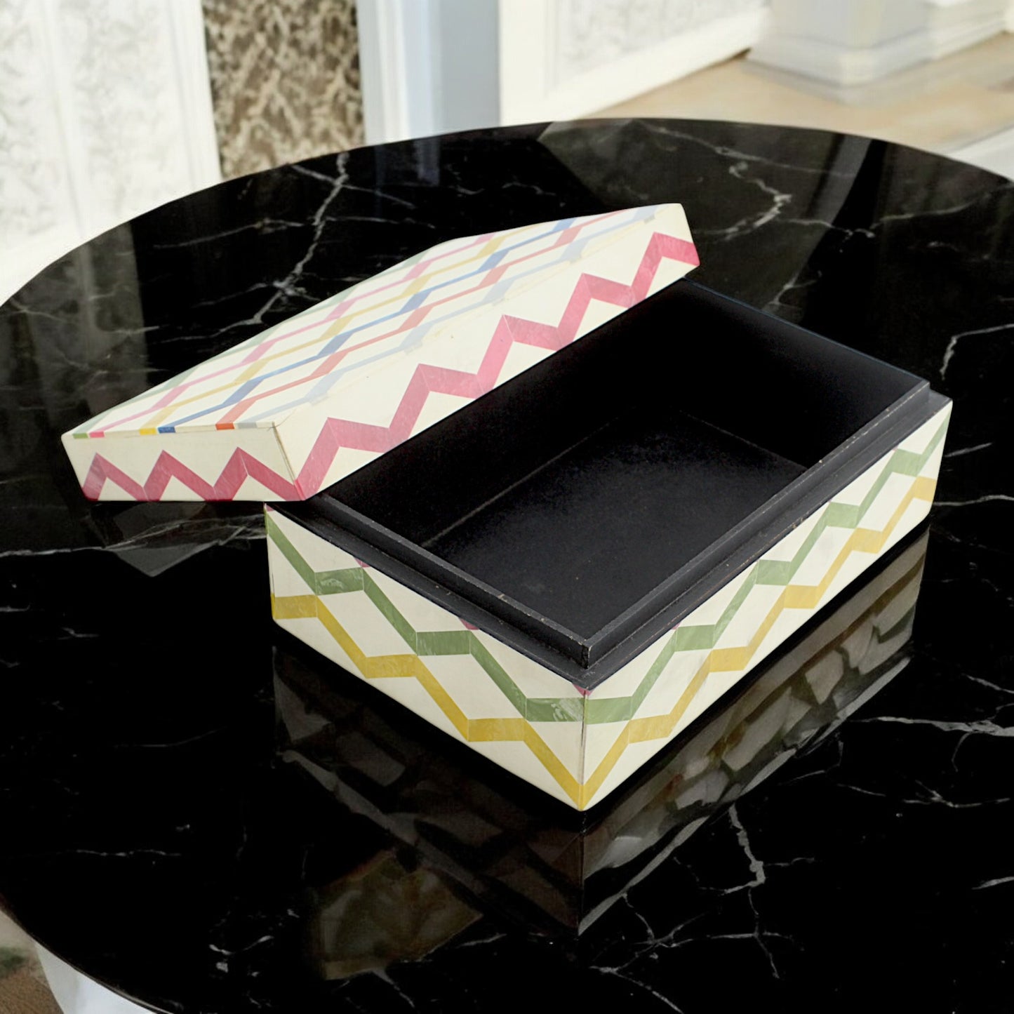 Multicolor Zigzag Design Handcrafted Trinket Box with White Base - Stylish Storage Solution