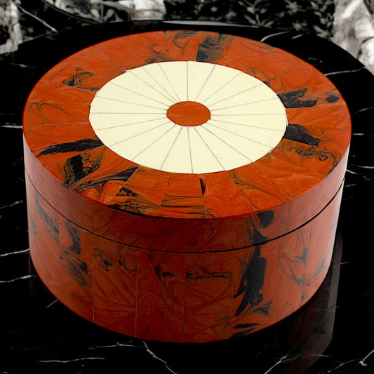 Round Red Bone Inlay Handcrafted Trinket Box - Vibrant Storage for Jewelry and Keepsakes