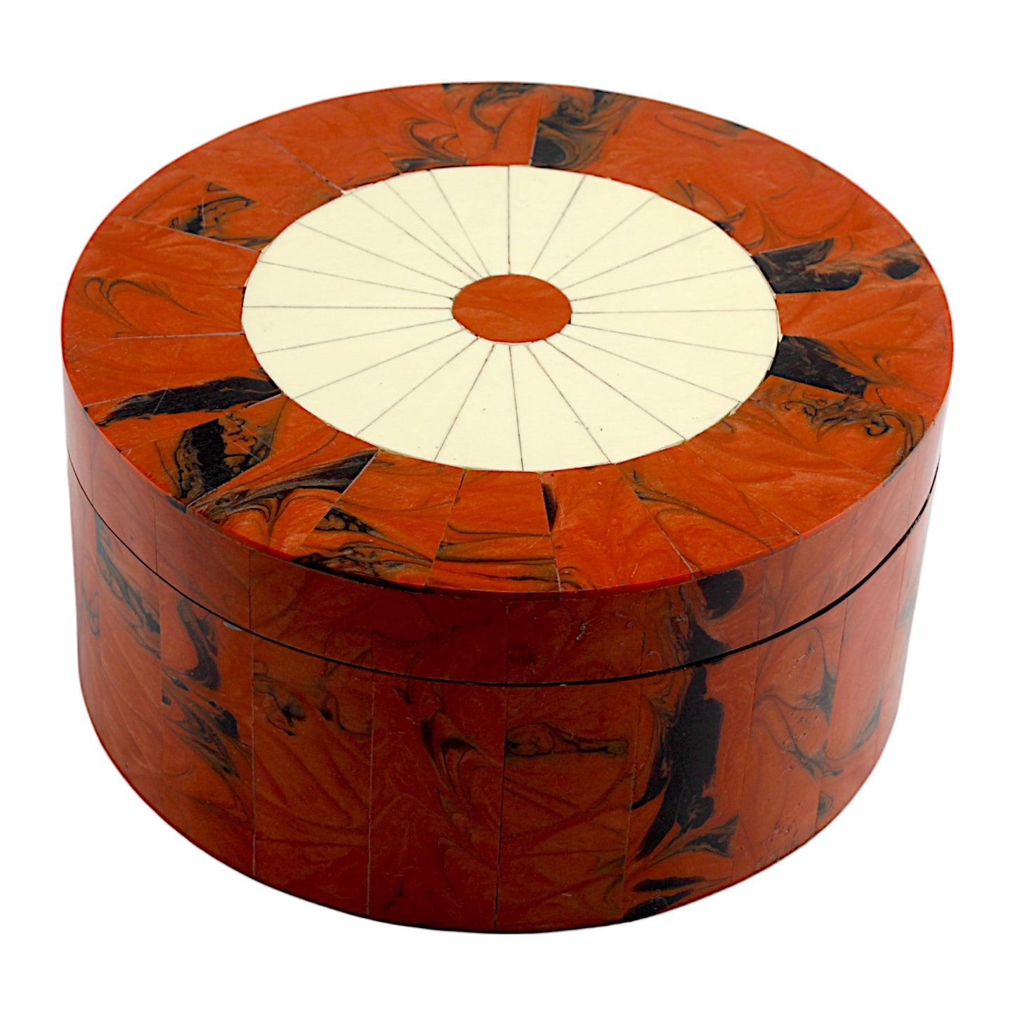 Round Red Bone Inlay Handcrafted Trinket Box - Vibrant Storage for Jewelry and Keepsakes