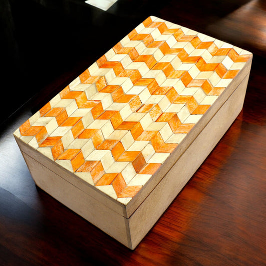 Handmade Black & White Bone and Wood Rectangular Trinket Box – White & Orange Design, Elegant Storage
