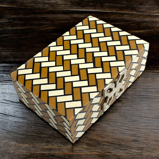 Handmade White & Brown Resin Trinket Box – Rectangular with Zig-Zag Pattern, Stylish Storage Solution