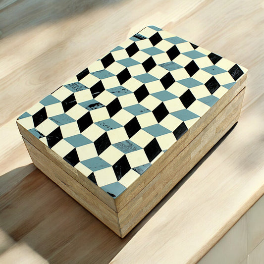 Handmade Black, White & Blue Resin and Wood Trinket Box – Rectangular with Contemporary Design, Chic Storage Solution