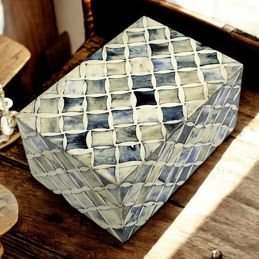 Handmade White Mix Bone Trinket Box – Rectangular with Criss-Cross Design, Elegant and Stylish Storage Solution