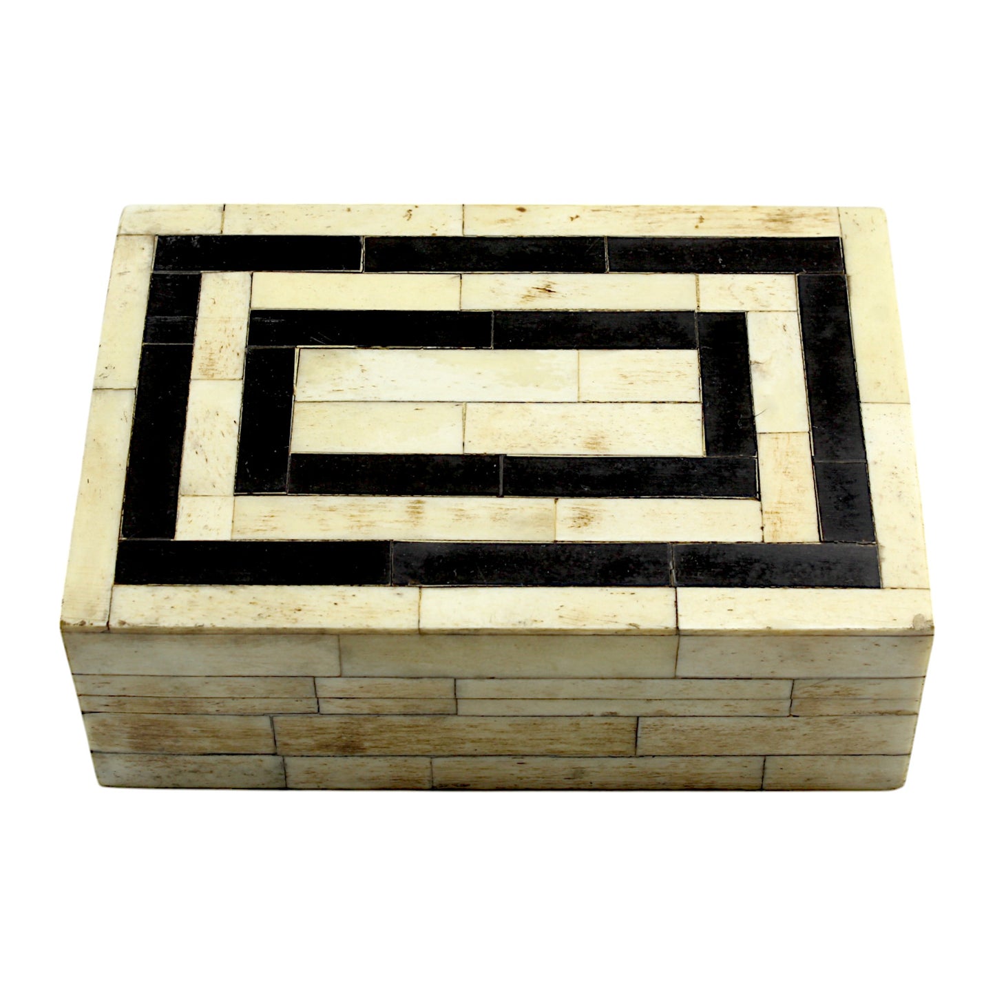 Handmade Black & White Bone and Horn Trinket Box – Rectangular with Antique Dust Design, Timeless Elegance