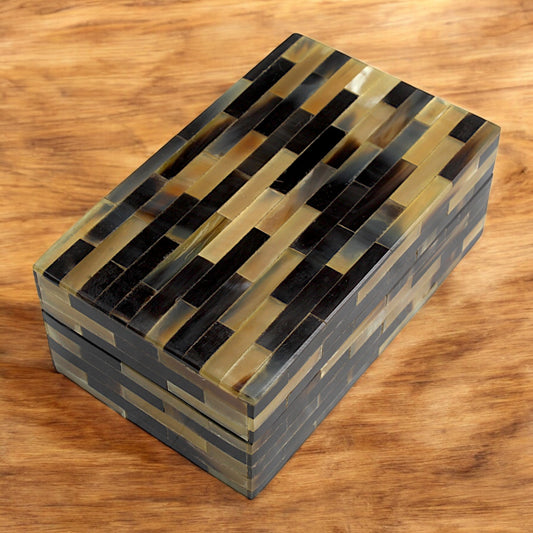 Handmade Black & Brown Horn Trinket Box – Rectangular with Contemporary Design, Elegant Storage Solution