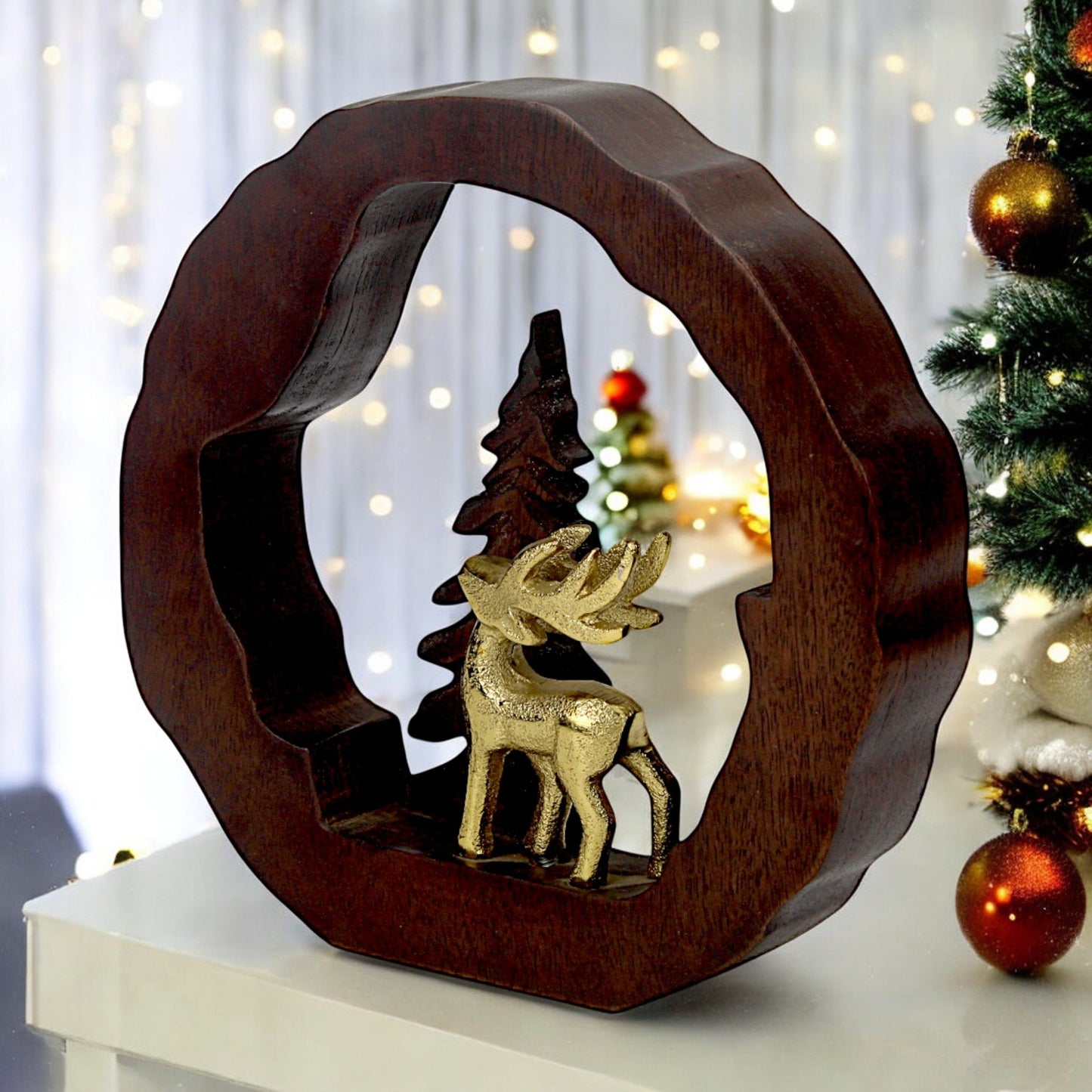 Golden Handcrafted Aluminum Christmas Deer with Wooden Circle – Elegant Holiday Decor | Hind Decor