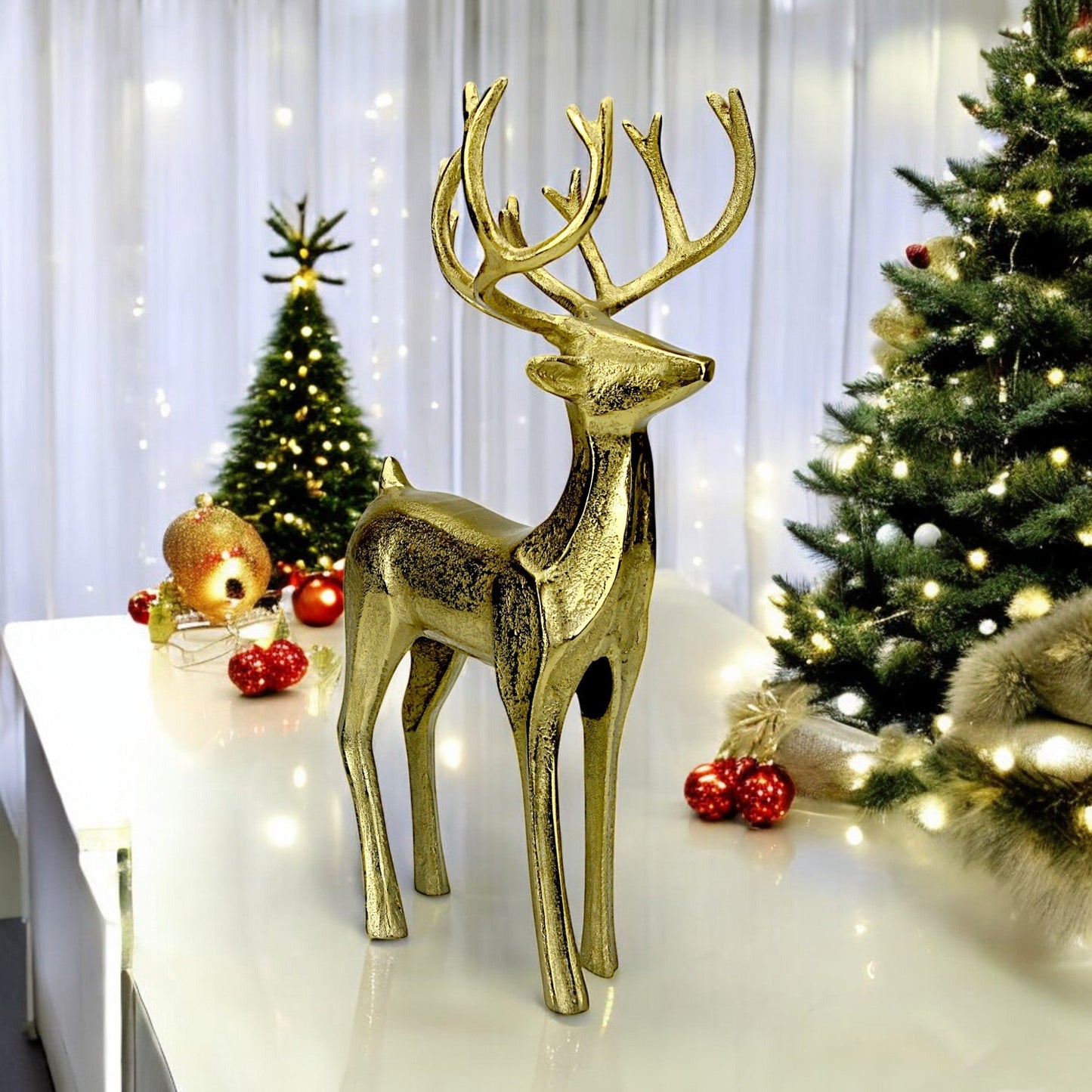 Golden Aluminum Handcrafted Christmas Minimalistic Standing Deer – Elegant Holiday Decor | Hind Decor