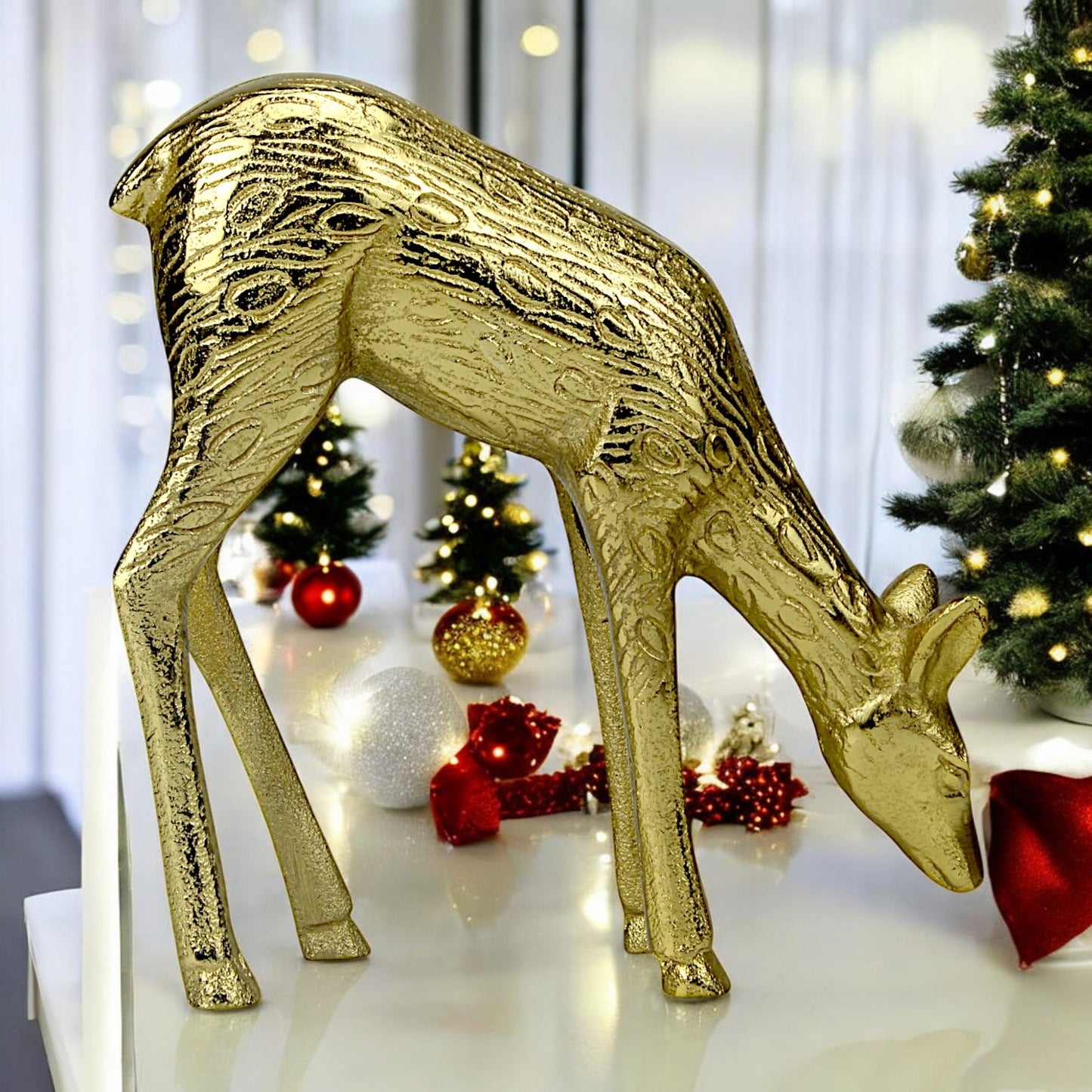 Golden Handcrafted Aluminum Christmas Deer – Elegant Holiday Decor | Hind Decor