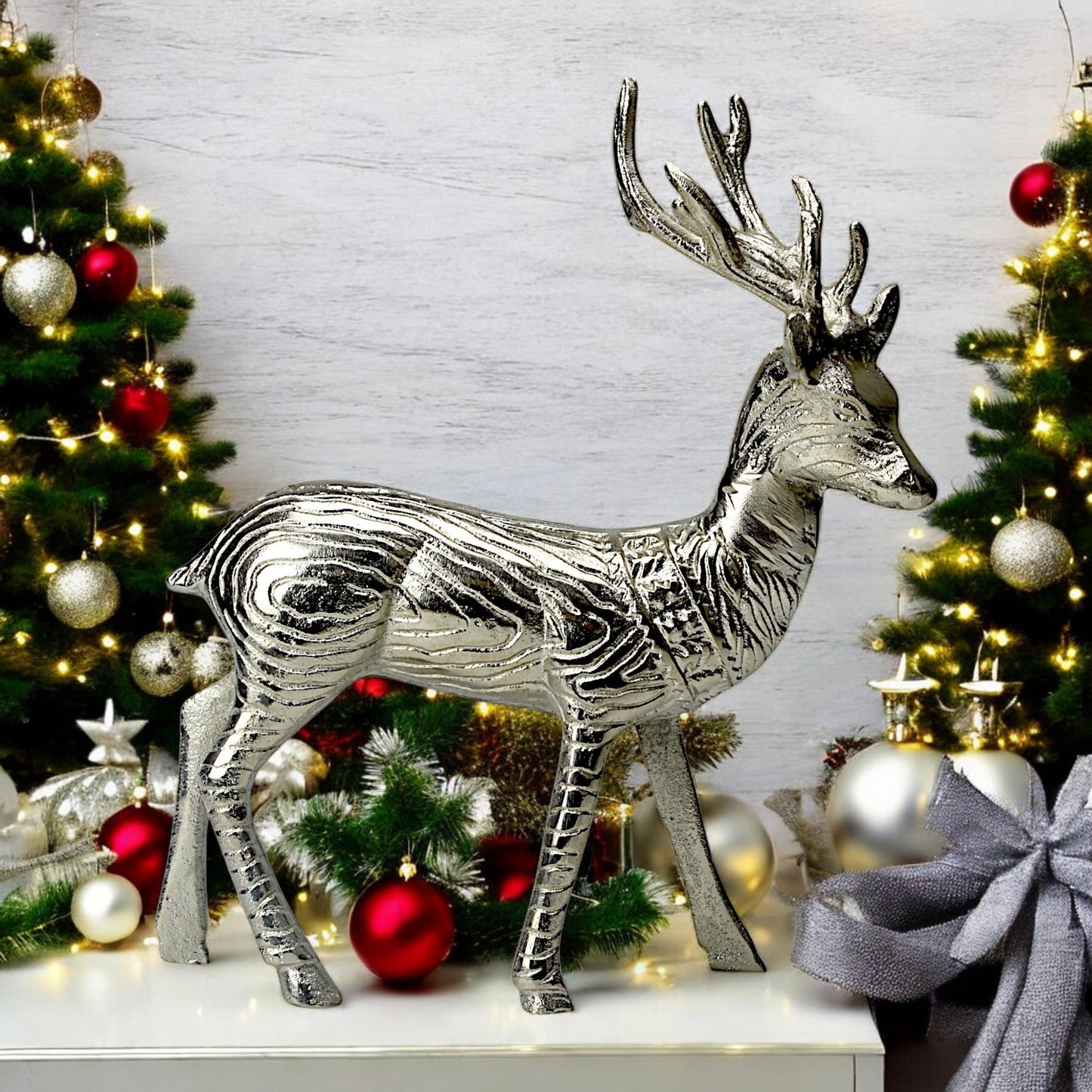 Silver Aluminum Handcrafted Christmas Standing Deer – Elegant Holiday Decor | Hind Decor