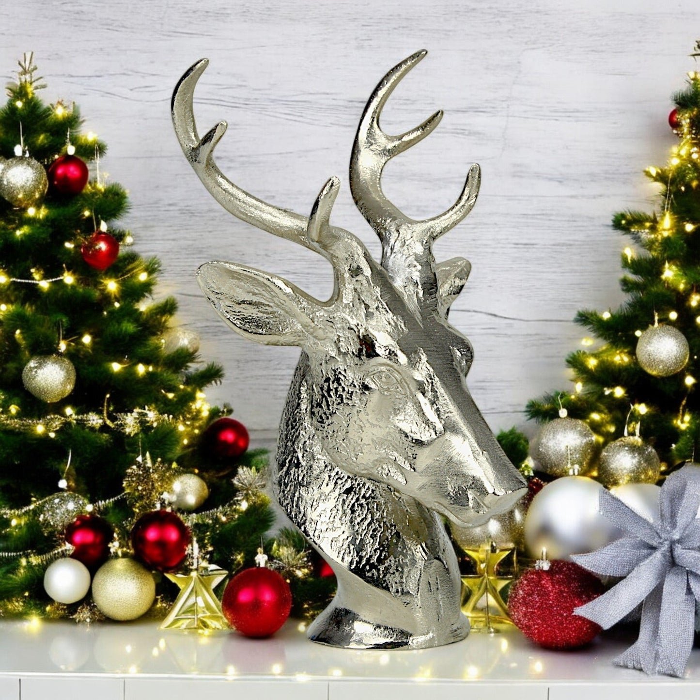 Silver Aluminum Long Horn Reindeer Head – Elegant Christmas & Holiday Decor | Hind Decor