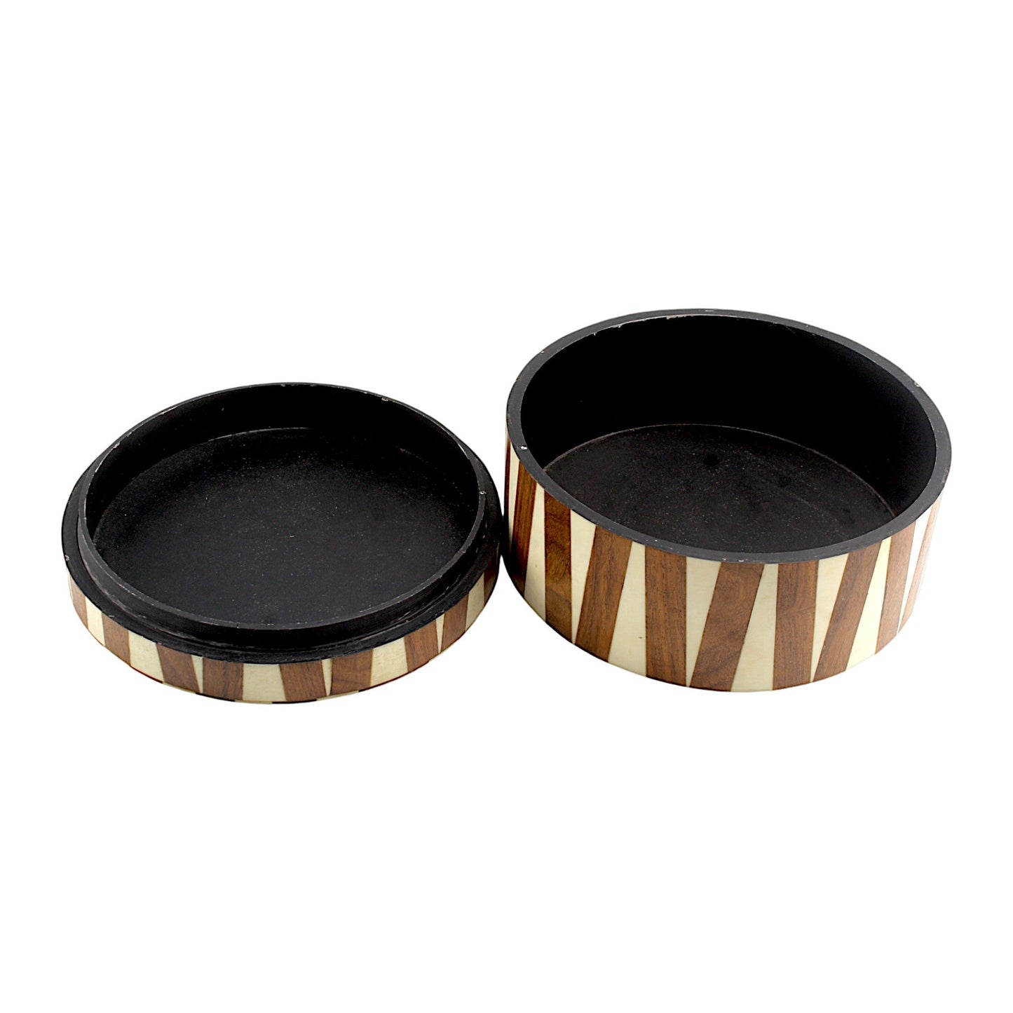 Round White Bone Inlay and Wood Handcrafted Trinket Box - Elegant Storage for Jewelry and Keepsakes
