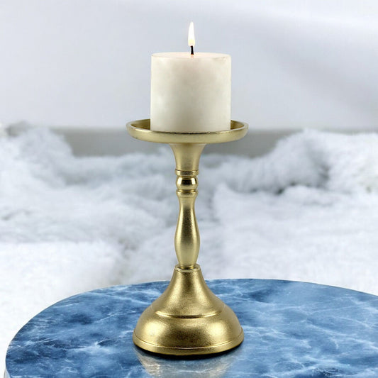Luxe Golden Aluminum Small Pillar Candle Holder | Glamorous Home Accent