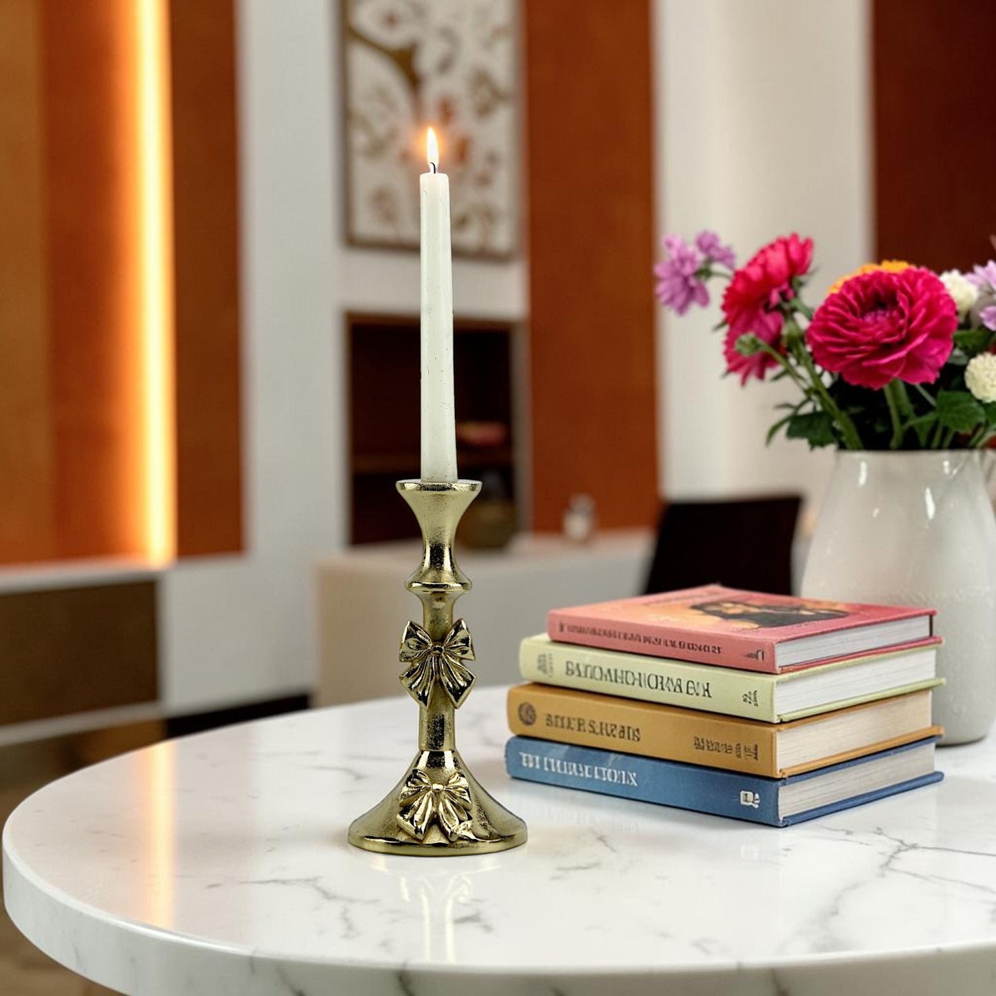 Artisan Golden Aluminum Medium Bow-Decorated Candle Holder | Elegant Home Accent