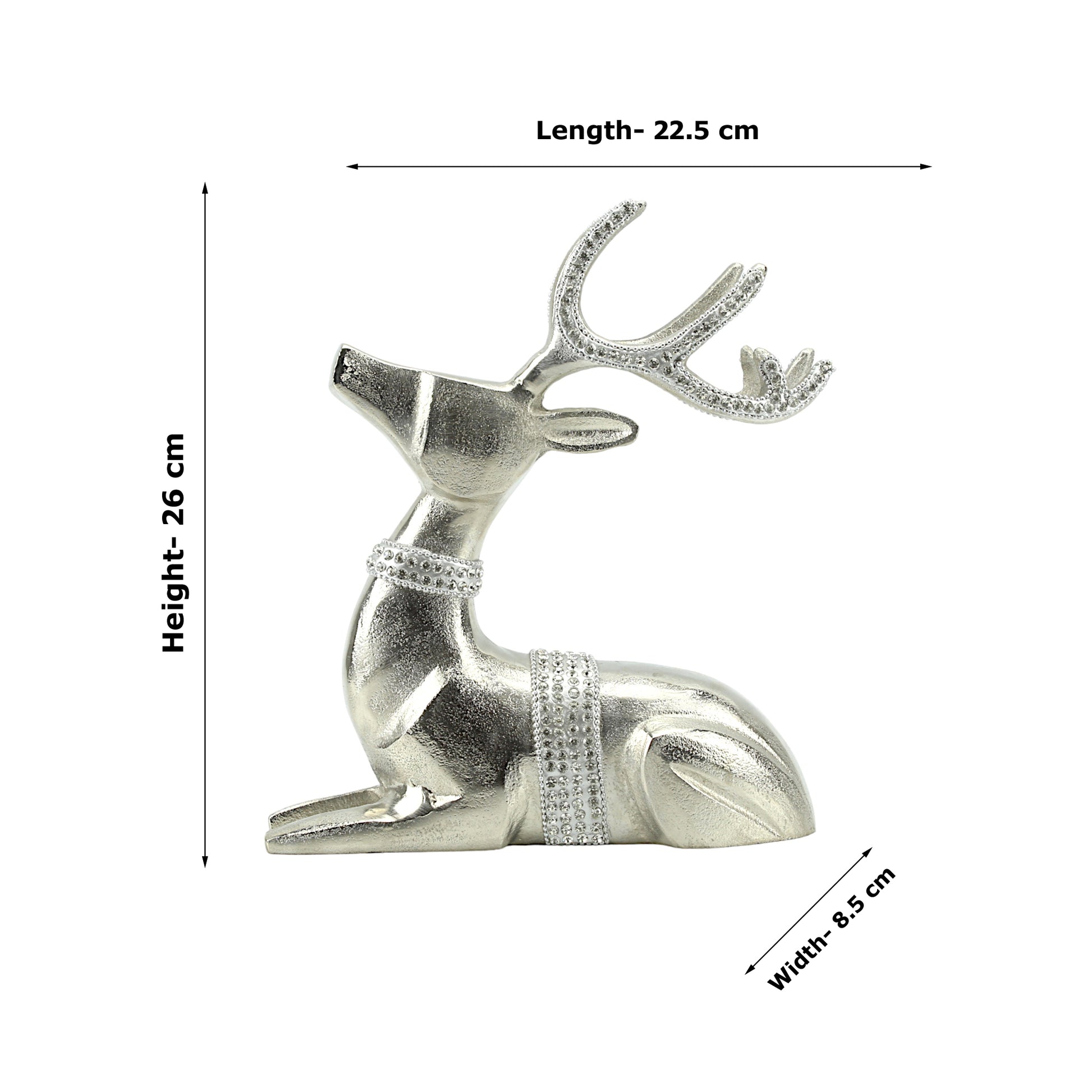 Silver Aluminum Deer Sculpture: Handcrafted Art with Ornamented Horns Adorned with Diamond Jewels