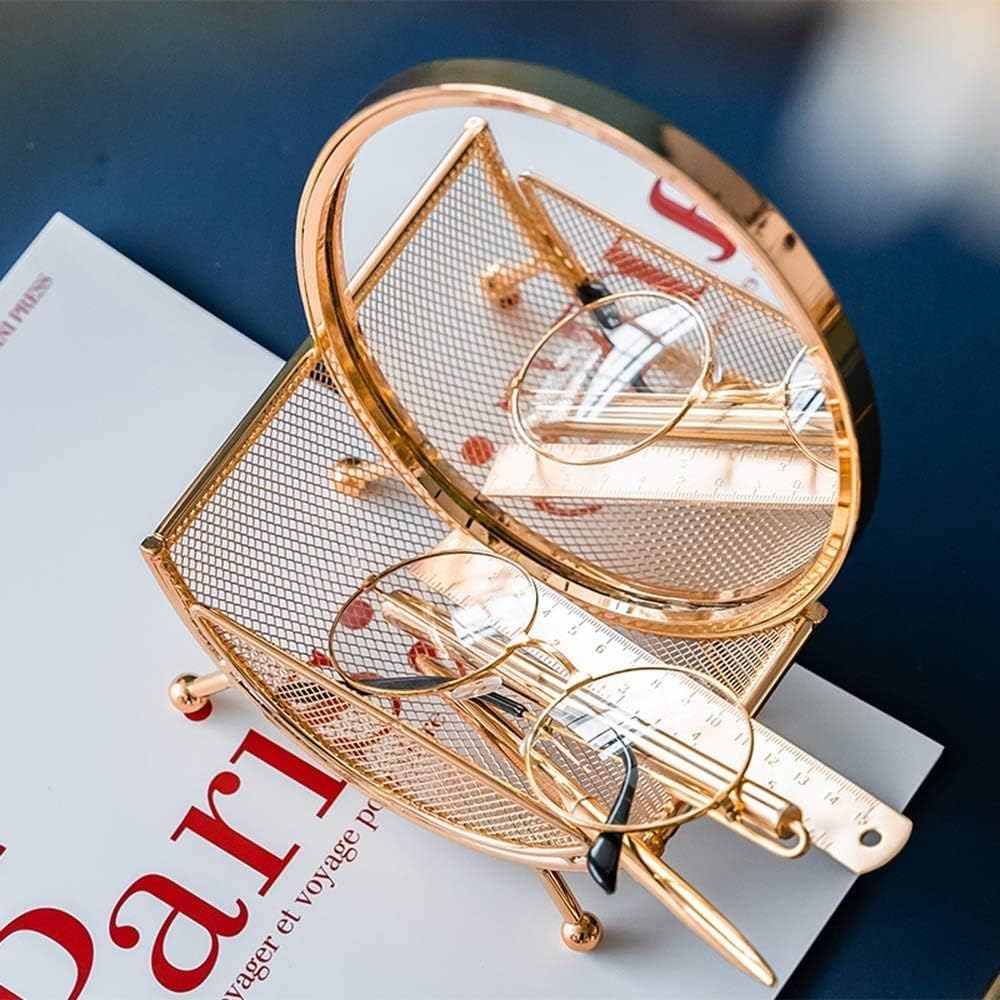 A Round Vanity Mirror in Metal Frame Basket