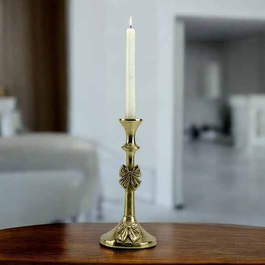 Artisan Golden Aluminum Large Bow-Decorated Candle Holder | Elegant Home Accent