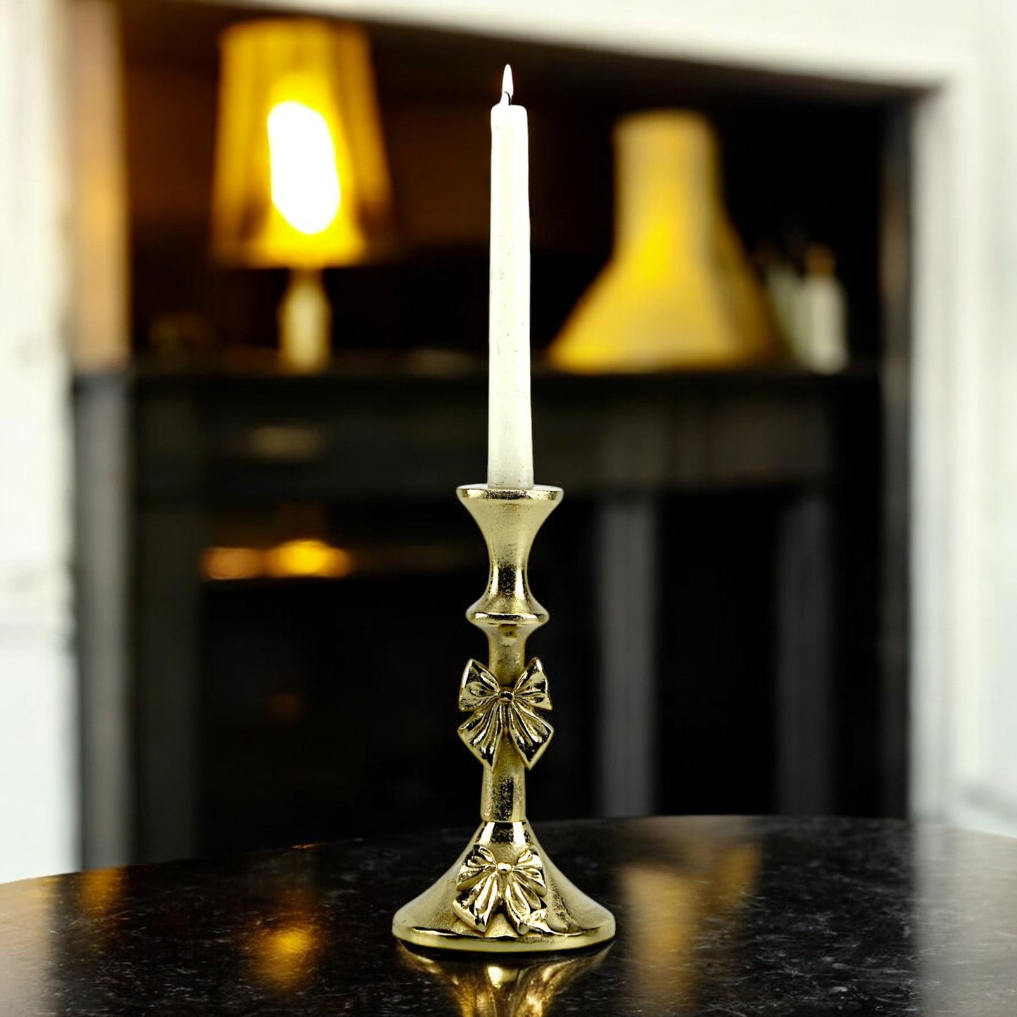 Artisan Golden Aluminum Medium Bow-Decorated Candle Holder | Elegant Home Accent