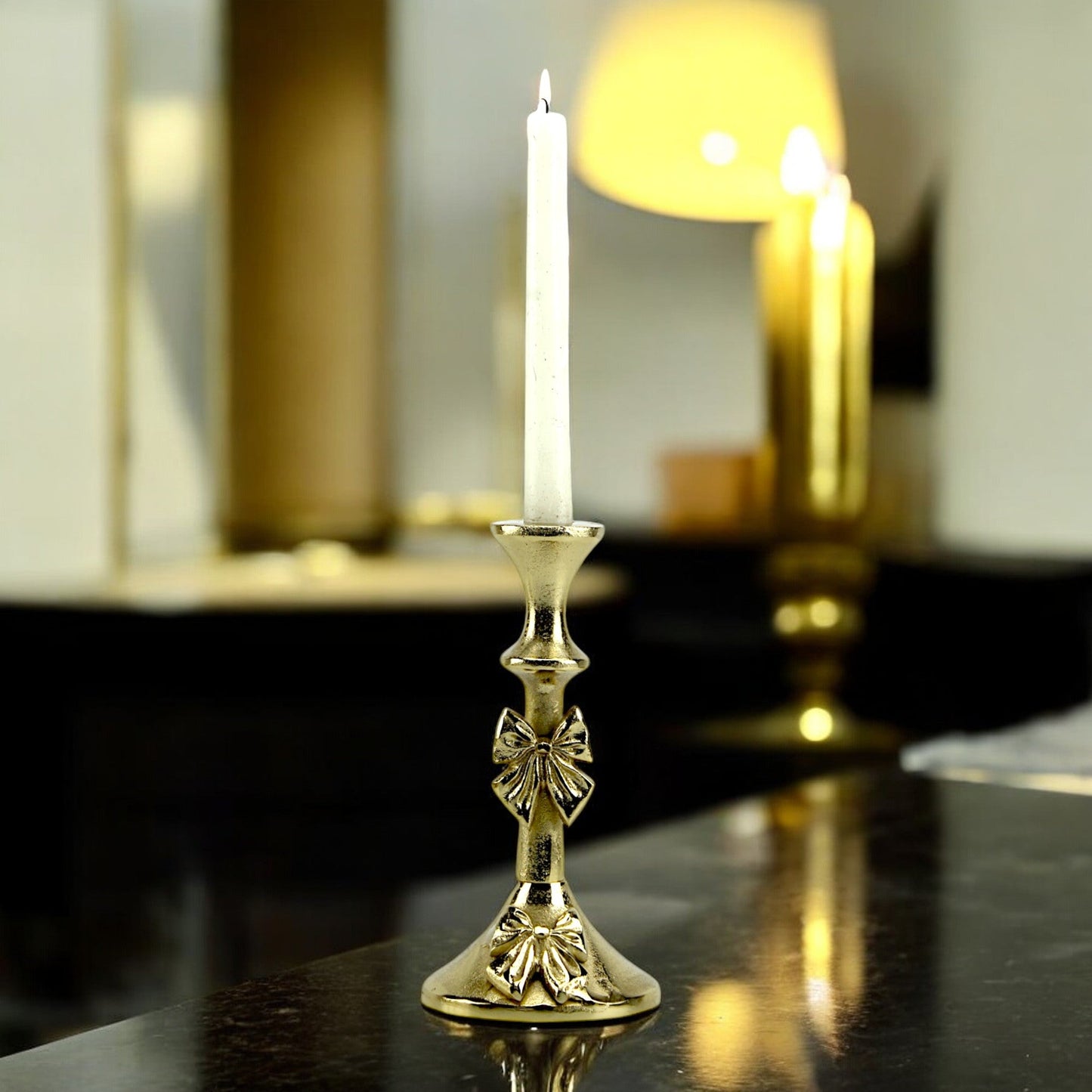 Artisan Golden Aluminum Medium Bow-Decorated Candle Holder | Elegant Home Accent