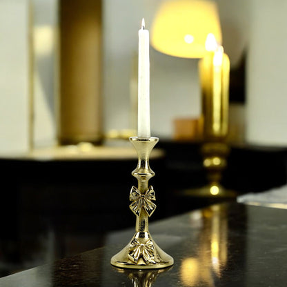 Artisan Golden Aluminum Medium Bow-Decorated Candle Holder | Elegant Home Accent