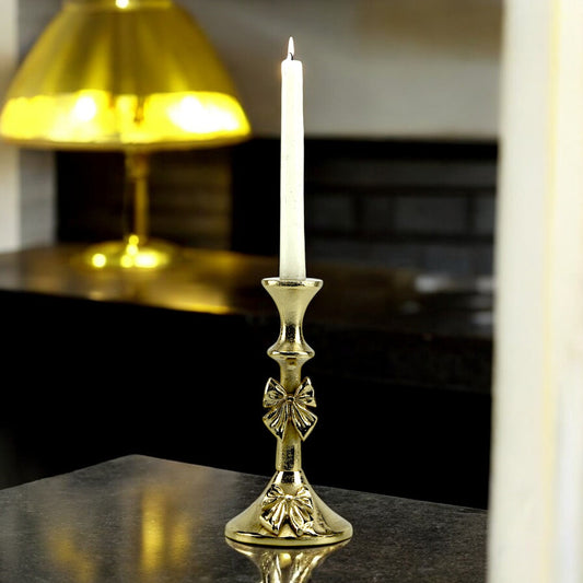 Artisan Golden Aluminum Medium Bow-Decorated Candle Holder | Elegant Home Accent