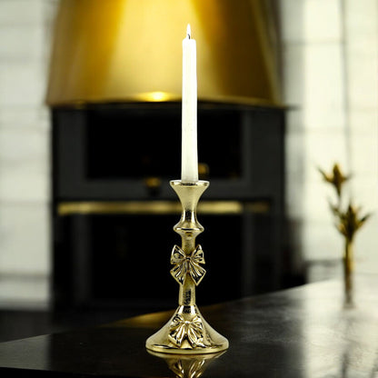 Artisan Golden Aluminum Medium Bow-Decorated Candle Holder | Elegant Home Accent
