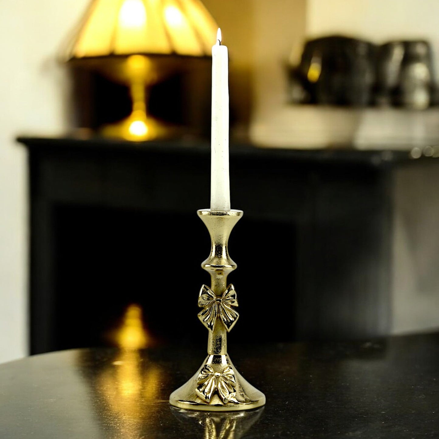Artisan Golden Aluminum Medium Bow-Decorated Candle Holder | Elegant Home Accent