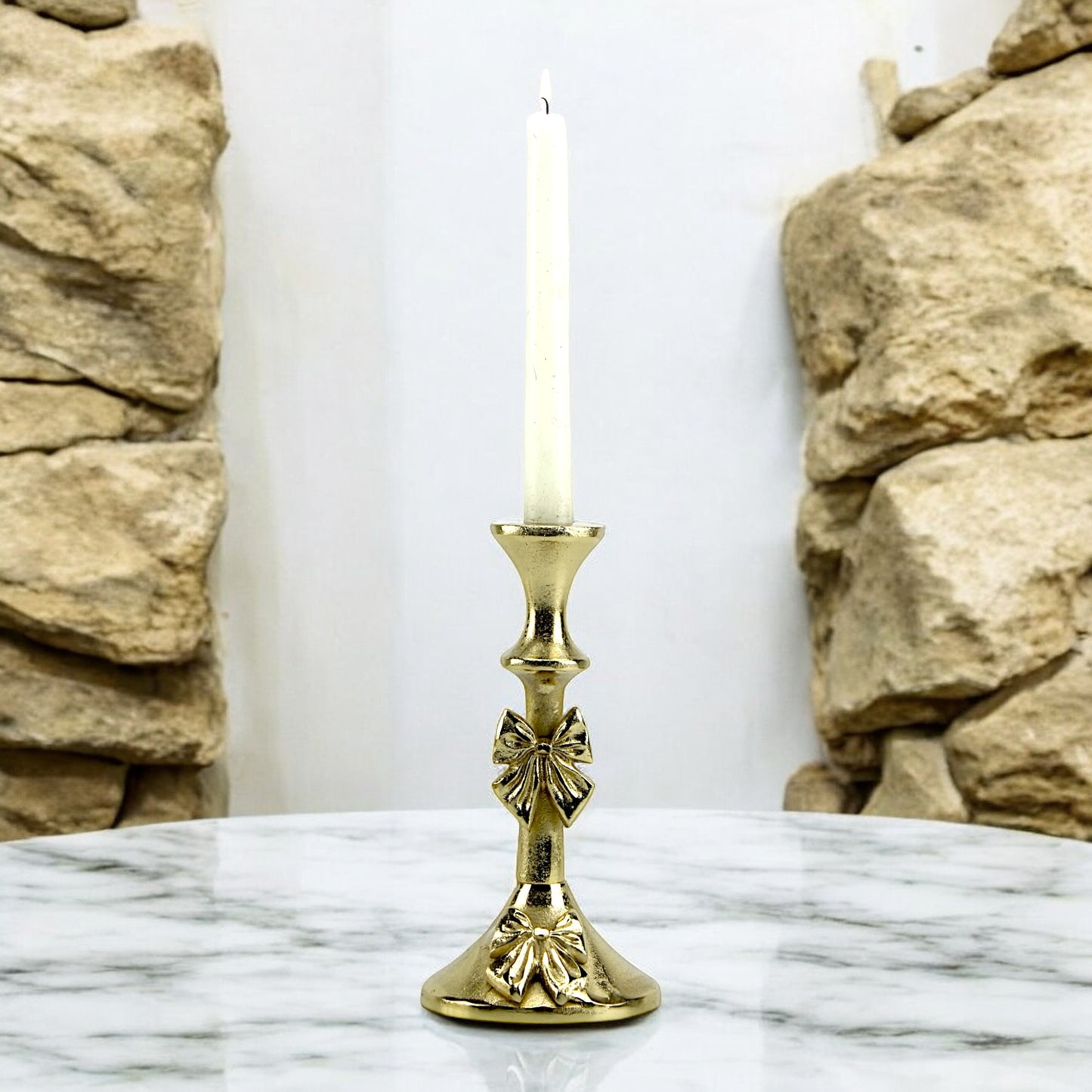 Artisan Golden Aluminum Small Bow-Decorated Candle Holder | Charming Home Accent