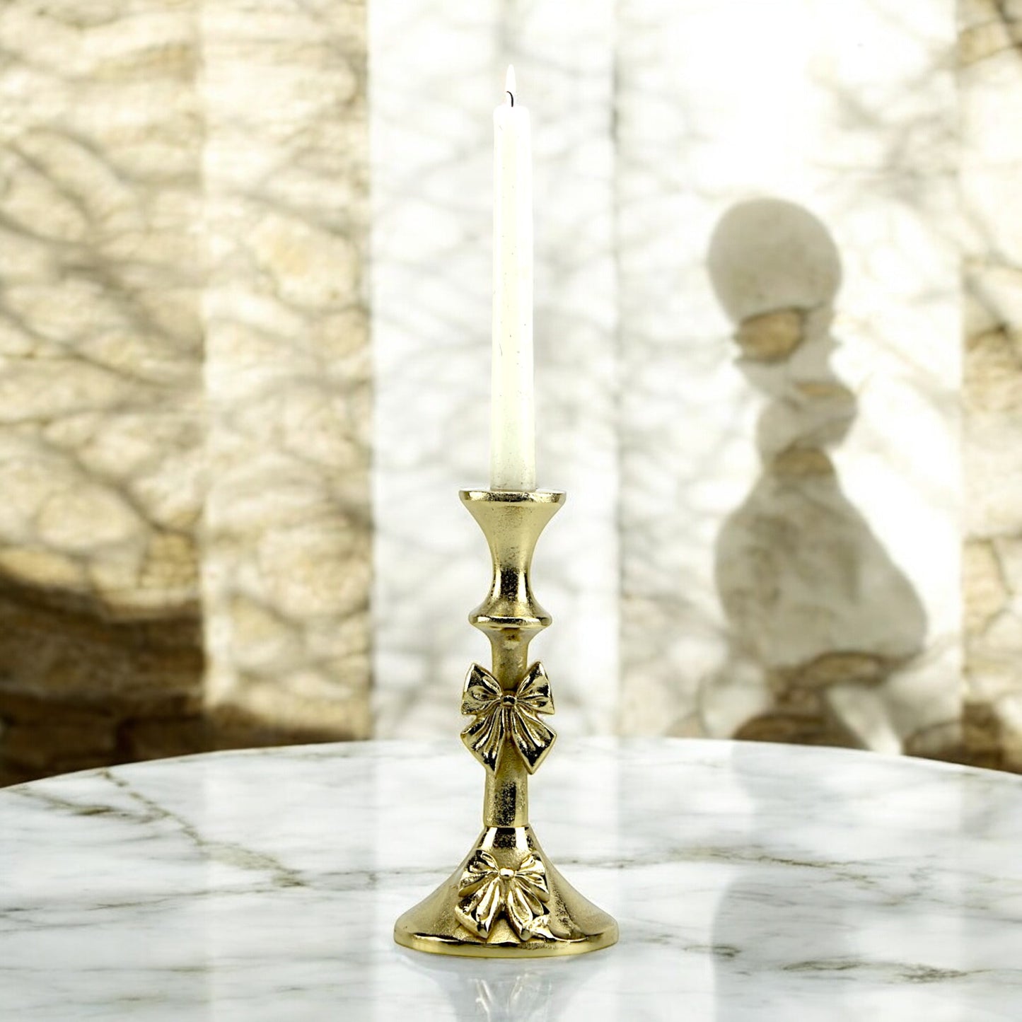 Artisan Golden Aluminum Small Bow-Decorated Candle Holder | Charming Home Accent
