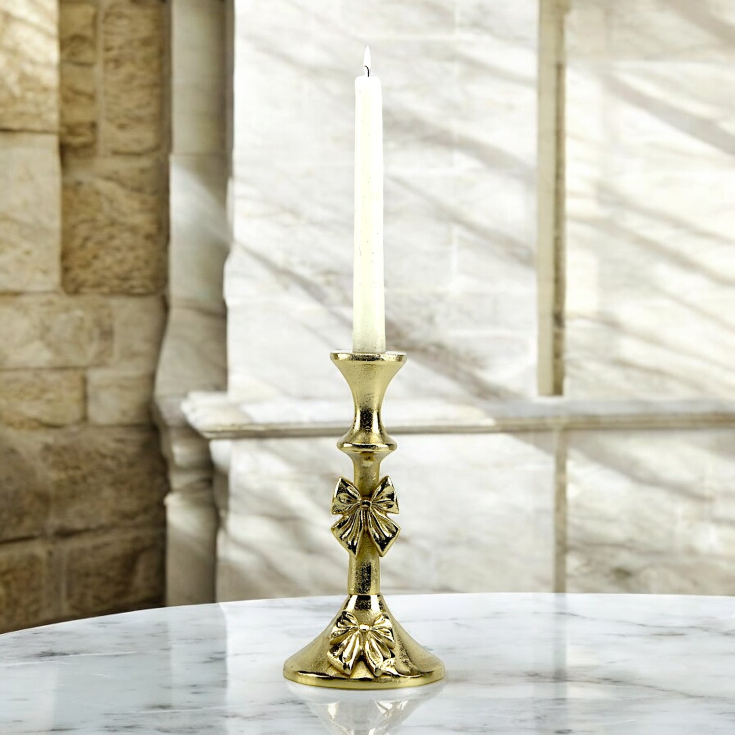 Artisan Golden Aluminum Small Bow-Decorated Candle Holder | Charming Home Accent