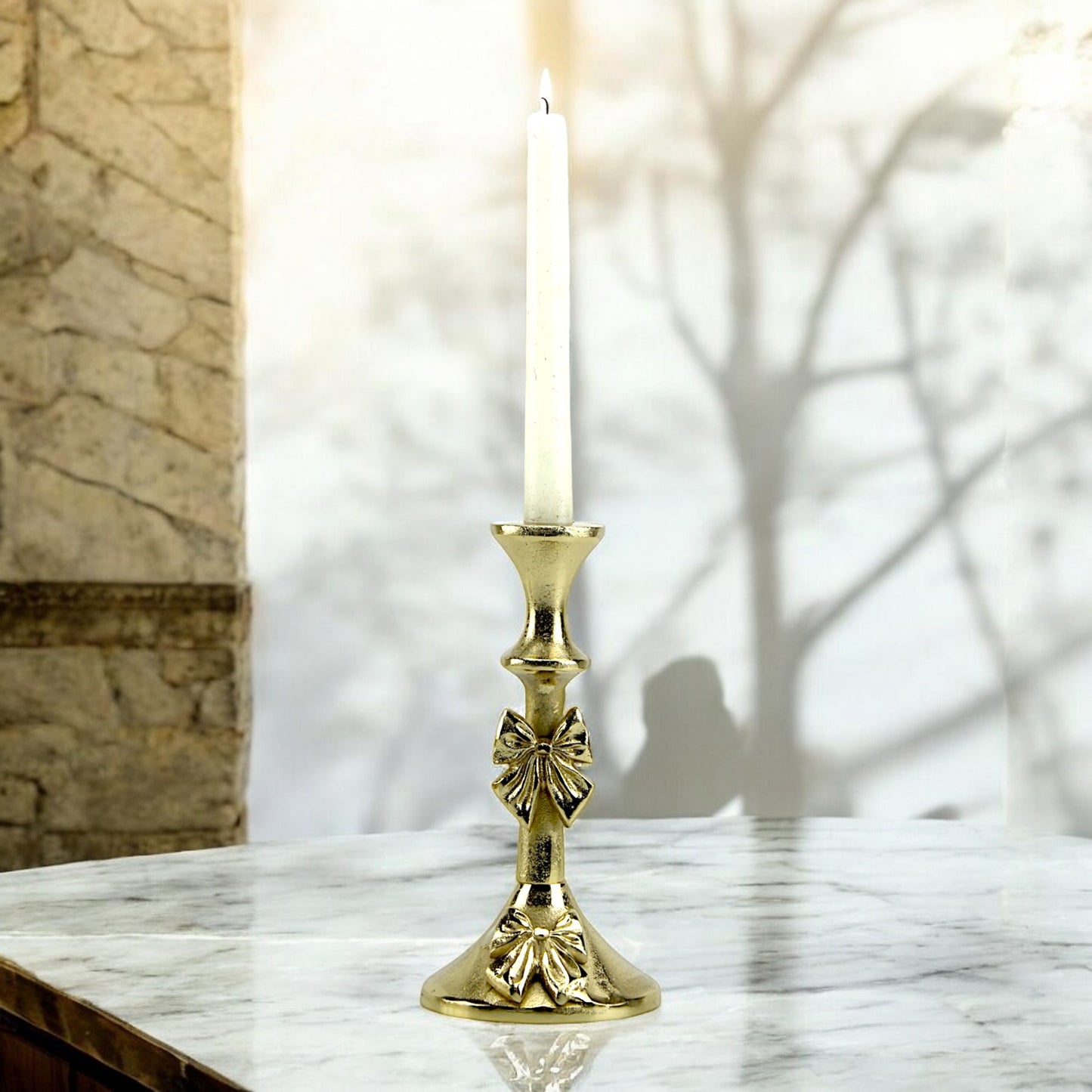 Artisan Golden Aluminum Small Bow-Decorated Candle Holder | Charming Home Accent