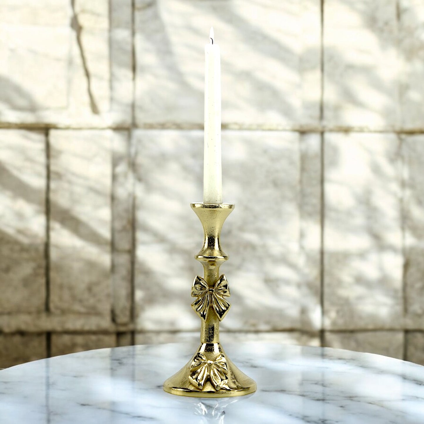 Artisan Golden Aluminum Small Bow-Decorated Candle Holder | Charming Home Accent