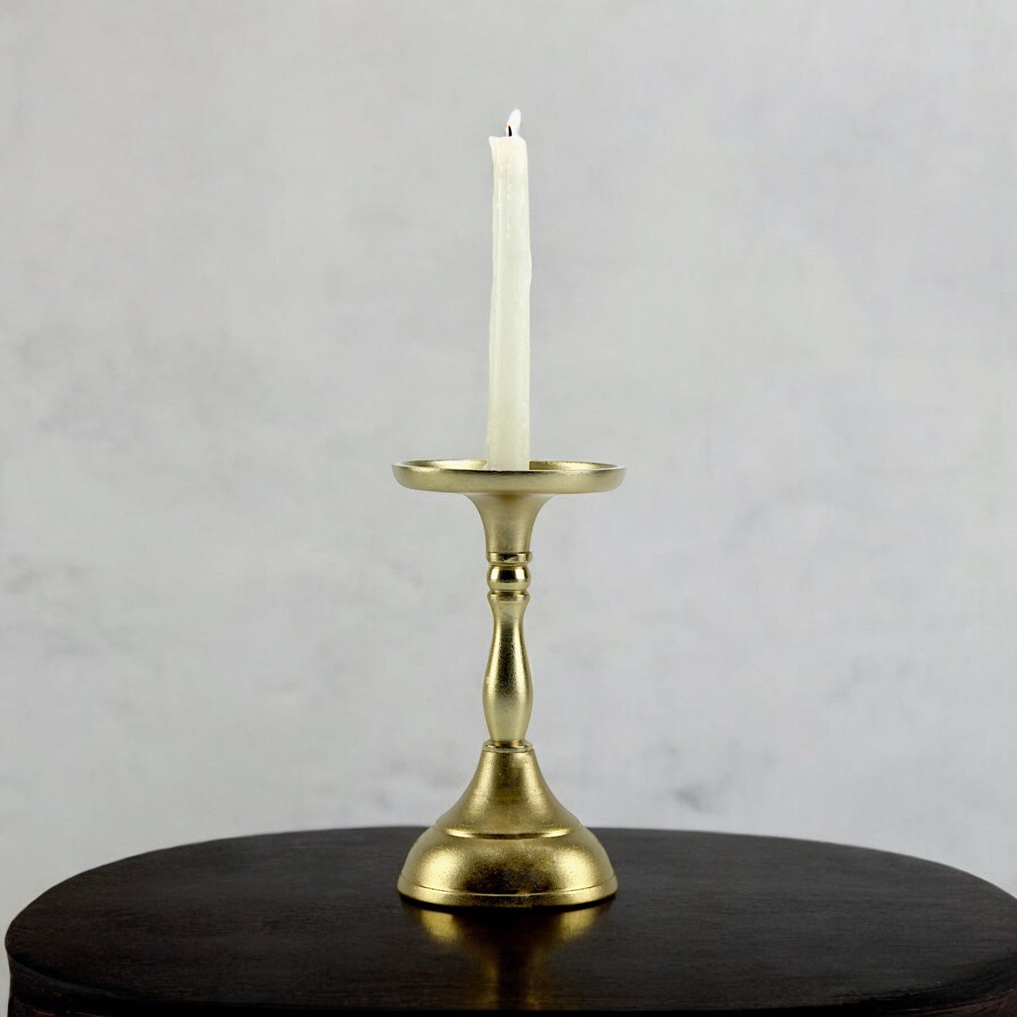 Luxe Golden Aluminum Small Pillar Candle Holder | Glamorous Home Accent