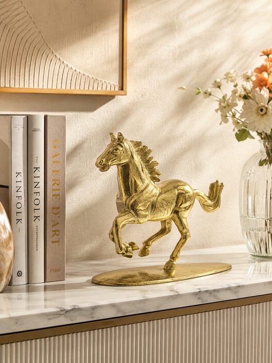 Golden Aluminum Running Horse Sculpture: Handcrafted Ornament for Timeless Elegance
