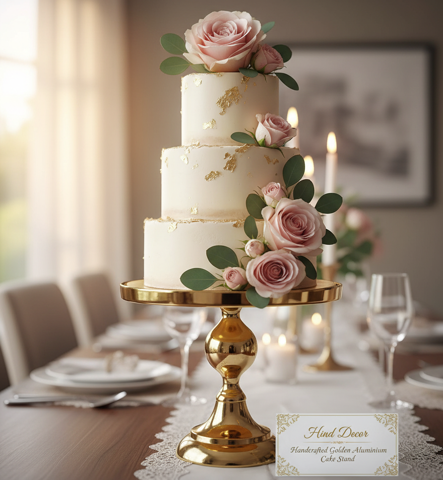 Handcrafted Golden Aluminium Cake Stand | 26 cm Round Decorative Pedestal Platter