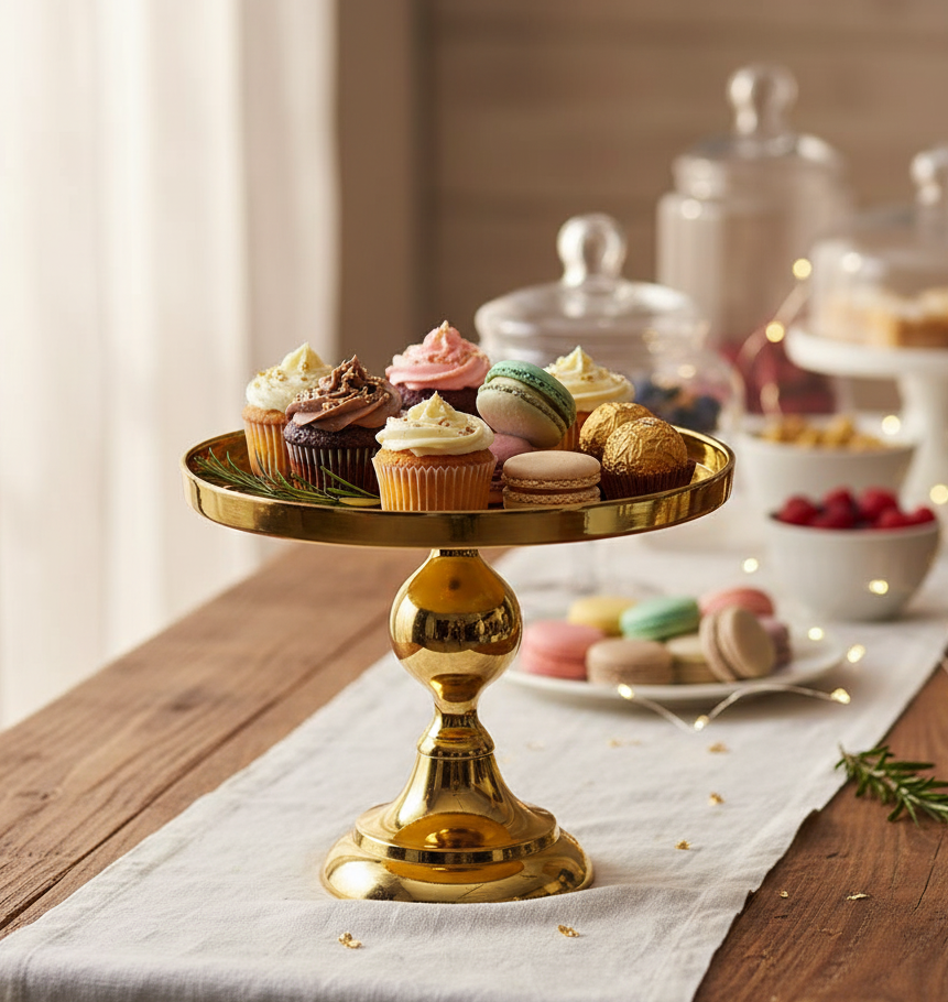 Handcrafted Golden Aluminium Cake Stand | 26 cm Round Decorative Pedestal Platter