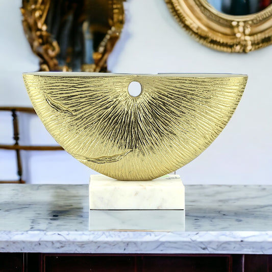 Golden Radiance: Handcrafted Aluminium Abstract Sculpture on White Marble Base
