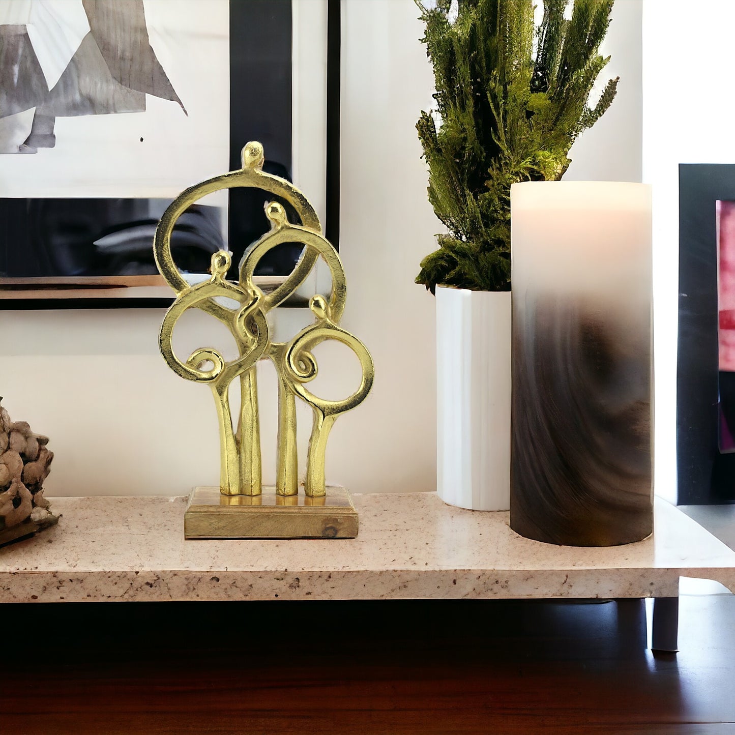 Golden Bond: Handcrafted Aluminium Family Sculpture on Wood Base