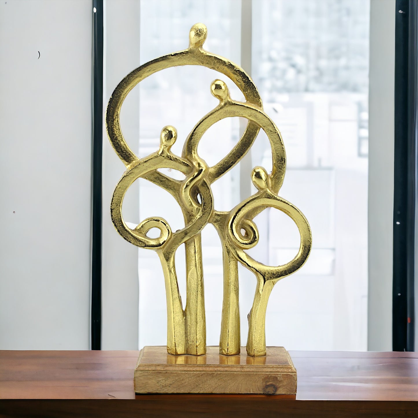 Golden Bond: Handcrafted Aluminium Family Sculpture on Wood Base